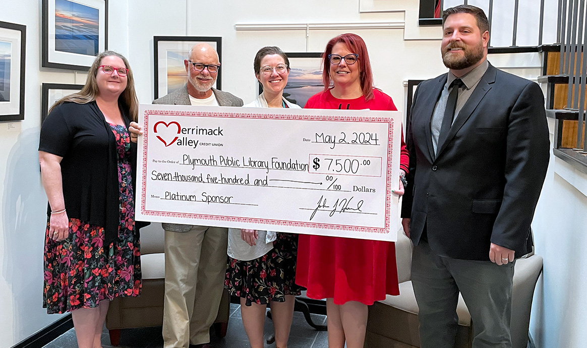 Plymouth Public Library Assistant Director Maureen Coleman, Bill Petrillo, Plymouth Public Library Director Kelsey Casey, MVCU Plymouth Branch Manager Joanne Bennett and MVCU Regional Manager Jim Kruskall